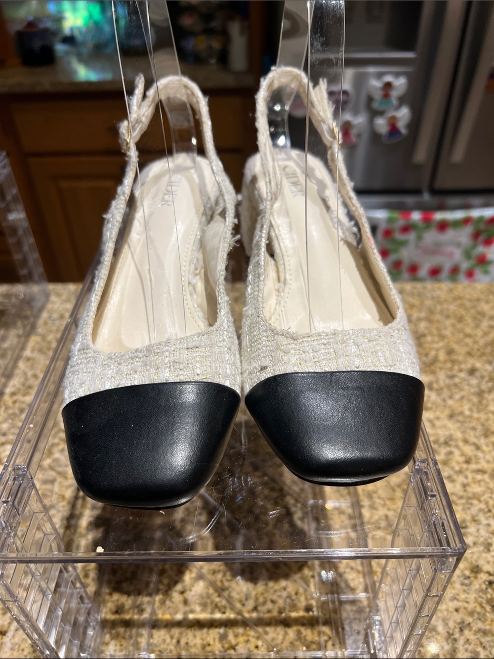 Cider Two-Tone Tweed Slingback Pumps in Black and Cream